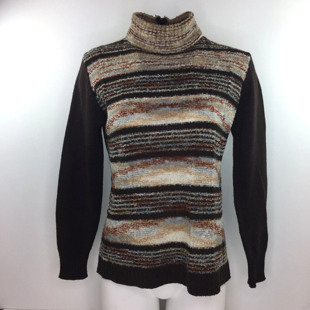 Vintage Rochelle Womens Mock Turtleneck Striped Sweater Brown Cream Blue Size XL